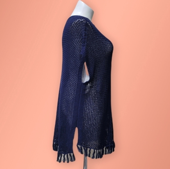 Tommy Bahama Blue Oversized Crochet Tunic Knit Fringe Top Women’s Sz S/M Caftan - Picture 3 of 10